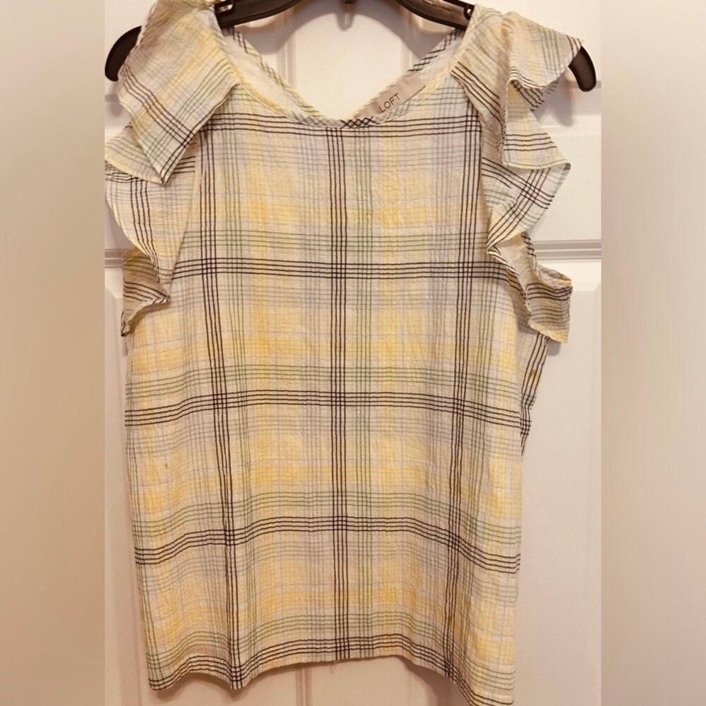 LOFT Ruffle Sleeve Plaid Blouse Cottagecore Lightweight Top Small - Picture 6 of 6